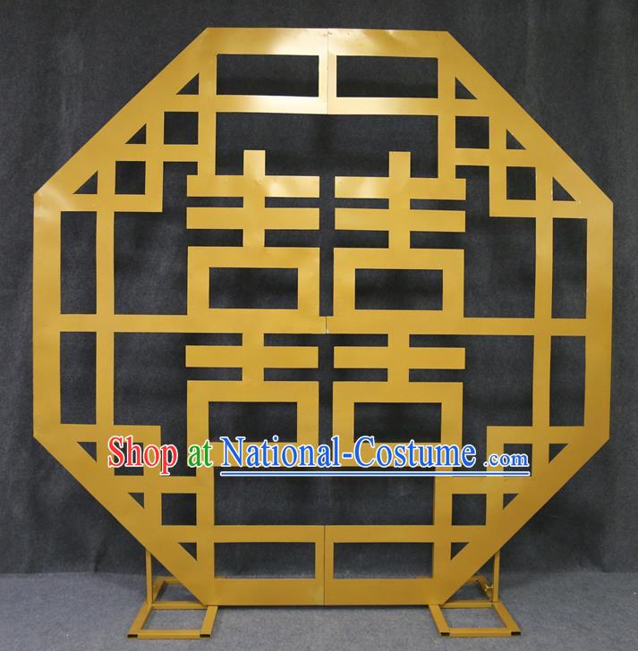 Chinese Traditional Wedding Folding Screen Films Props Golden Iron Floor Screen