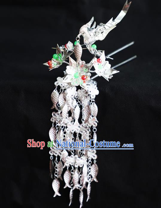 Chinese Traditional Miao Nationality Hair Accessories Sliver Phoenix Tassel Hairpins for Women