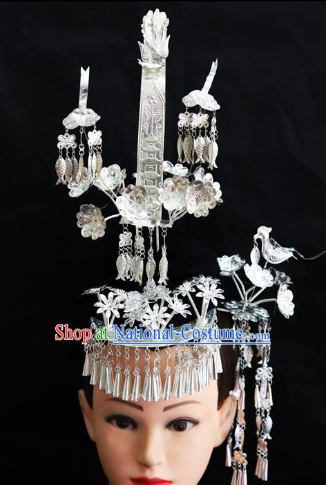 Chinese Traditional Miao Nationality Hair Accessories Phoenix Coronet Sliver Hairpins for Women