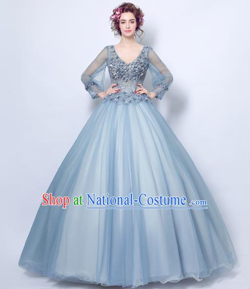 Top Grade Handmade Compere Costume Catwalks Blue Veil Formal Dress for Women