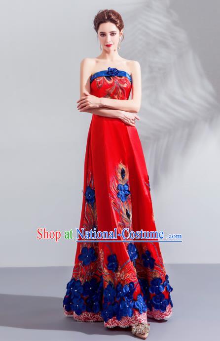 Top Grade Compere Embroidered Costume Handmade Catwalks Bride Red Formal Dress for Women