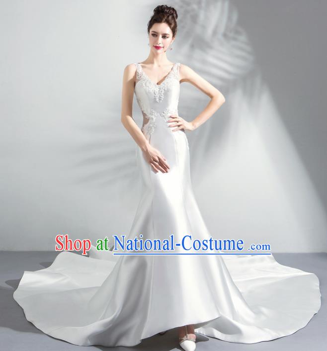 Handmade Top Grade Princess White Satin Wedding Dress Fancy Wedding Gown for Women