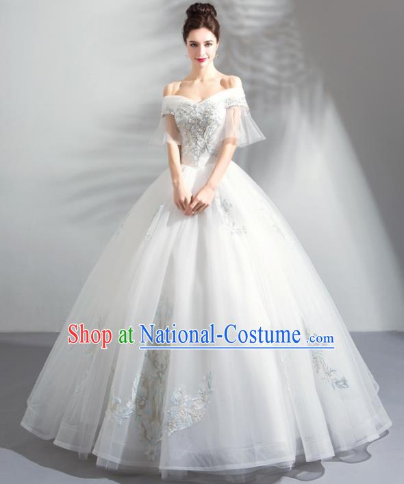 Handmade Top Grade Princess Flat Shouders Wedding Dress Fancy Wedding Gown for Women