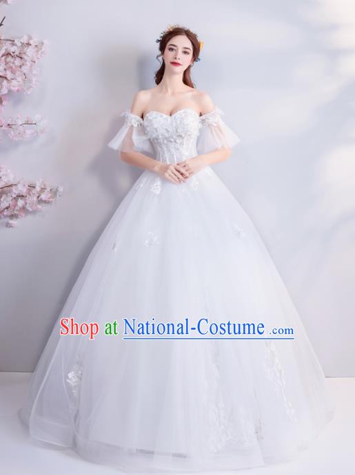 Top Grade Princess Flat Shouders Wedding Dress Handmade Fancy White Wedding Gown for Women