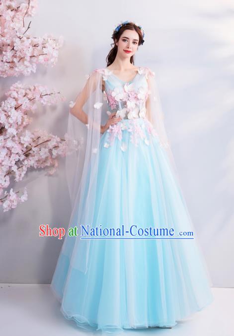 Handmade Top Grade Princess Wedding Dress Fancy Embroidered Blue Veil Wedding Gown for Women