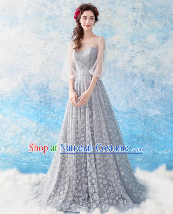 Top Grade Handmade Compere Costume Catwalks Grey Veil Formal Dress for Women