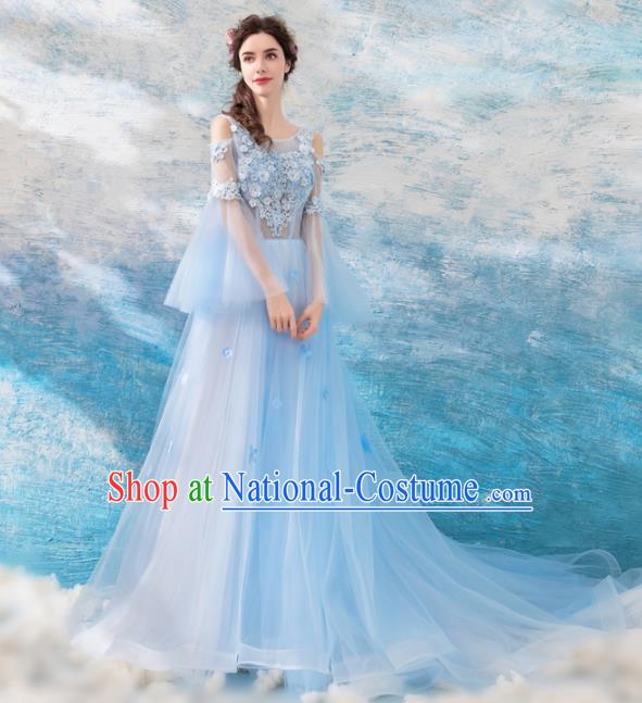 Top Grade Handmade Compere Costume Catwalks Blue Lace Formal Dress for Women