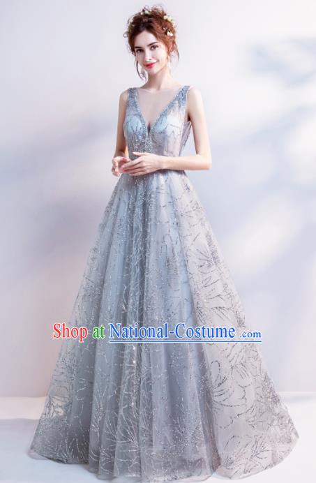 Handmade Grey Veil Evening Dress Compere Costume Catwalks Angel Full Dress for Women