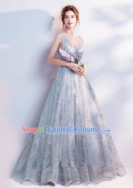 Top Grade Purple Veil Evening Dress Compere Costume Handmade Catwalks Angel Full Dress for Women