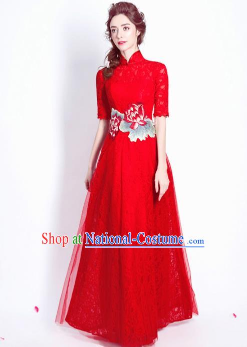 Chinese Traditional Embroidered Peony Red Lace Cheongsam Wedding Bride Compere Tang Suit Full Dress for Women