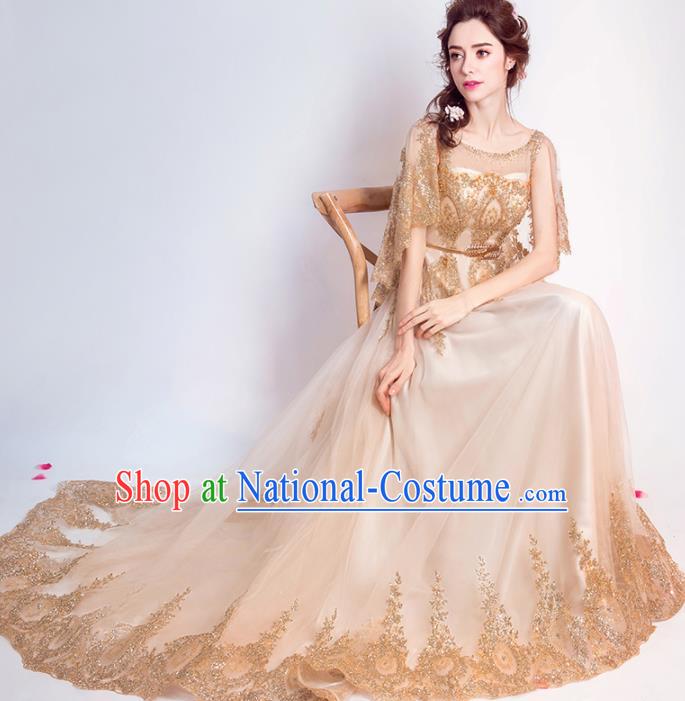 Handmade Bride Golden Embroidered Wedding Dress Princess Costume Flowers Fairy Fancy Wedding Gown for Women