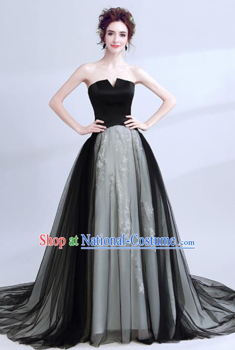 Handmade Black Strapless Evening Dress Compere Costume Catwalks Angel Full Dress for Women