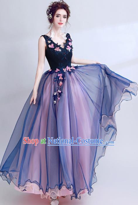 Handmade Embroidered Navy Evening Dress Compere Costume Catwalks Angel Full Dress for Women