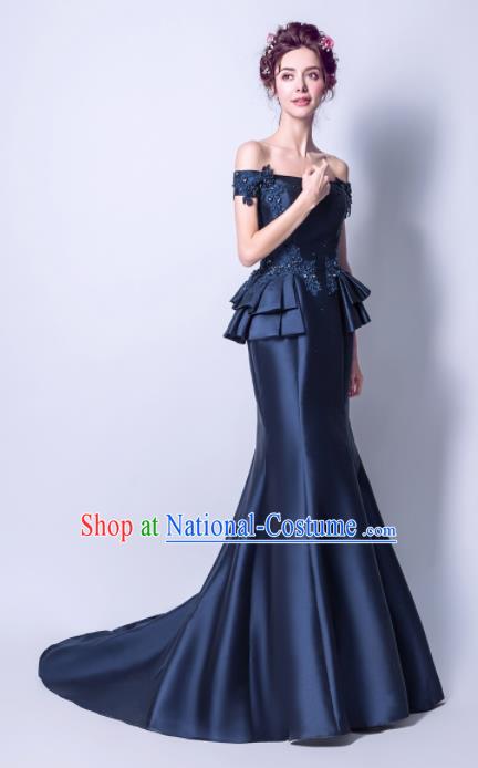 Handmade Navy Satin Evening Dress Compere Costume Catwalks Angel Full Dress for Women