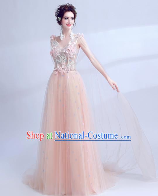 Handmade Pink Veil Evening Dress Compere Costume Catwalks Angel Full Dress for Women