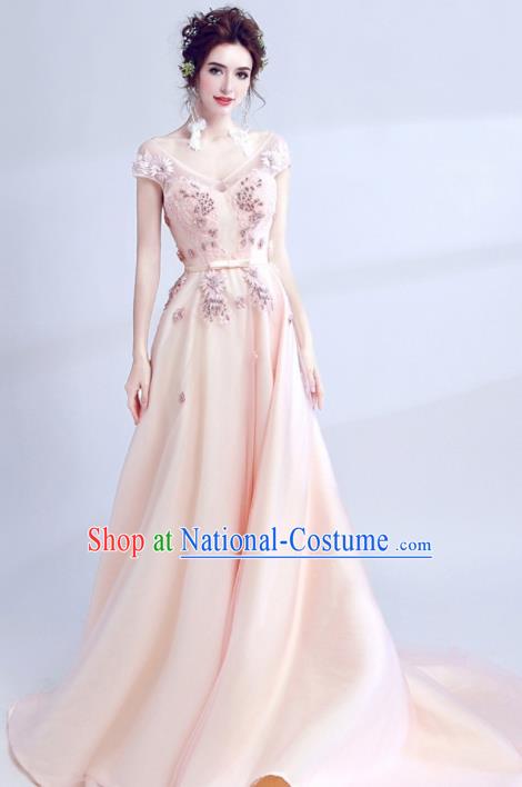 Handmade Embroidered Pink Evening Dress Compere Costume Catwalks Angel Full Dress for Women