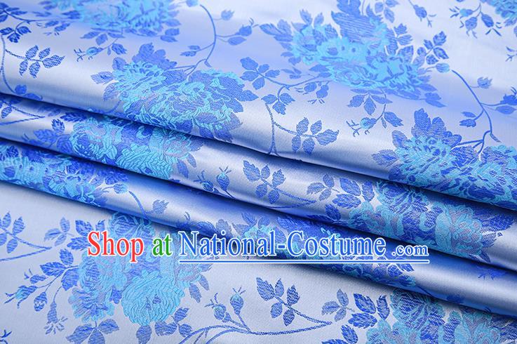 Chinese Traditional Blue Satin Brocade Fabric Qipao Dress Classical Roses Pattern Design Material Drapery