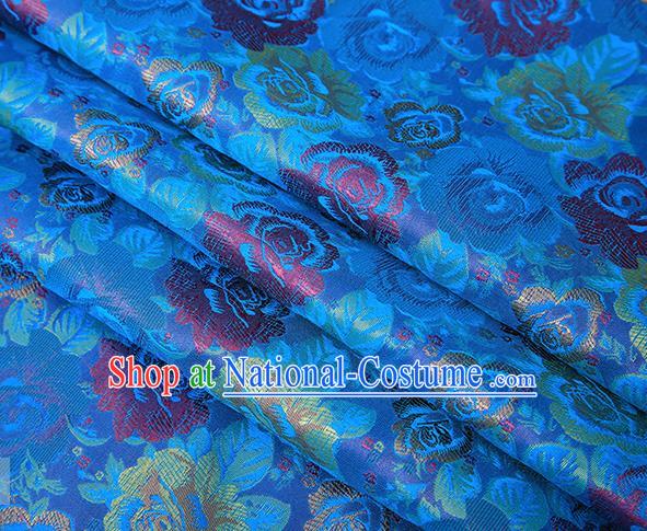 Chinese Traditional Jacquard Fabric Qipao Dress Blue Brocade Classical Roses Pattern Design Satin Material Drapery