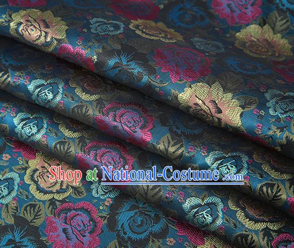 Chinese Traditional Jacquard Fabric Qipao Dress Lake Blue Brocade Classical Roses Pattern Design Satin Material Drapery