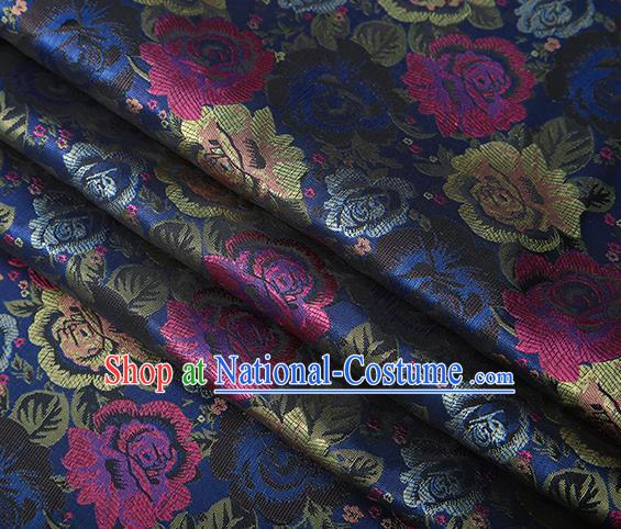 Chinese Traditional Jacquard Fabric Qipao Dress Navy Brocade Classical Roses Pattern Design Satin Material Drapery