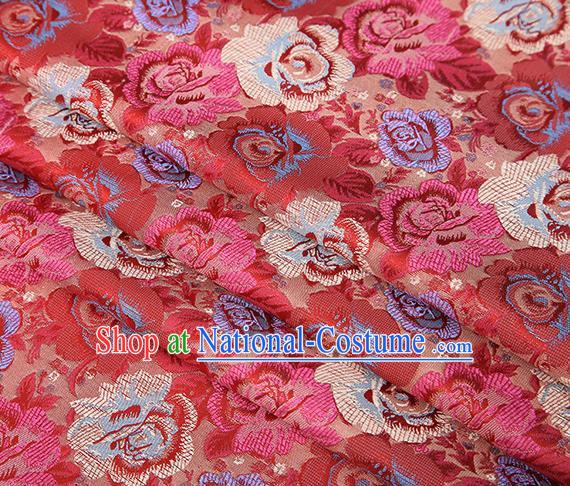 Chinese Traditional Jacquard Fabric Qipao Dress Red Brocade Classical Roses Pattern Design Satin Material Drapery