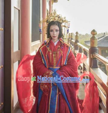 Traditional Chinese Cosplay Wedding Red Hanfu Dress Ancient Princess Embroidered Costumes and Headpiece for Women