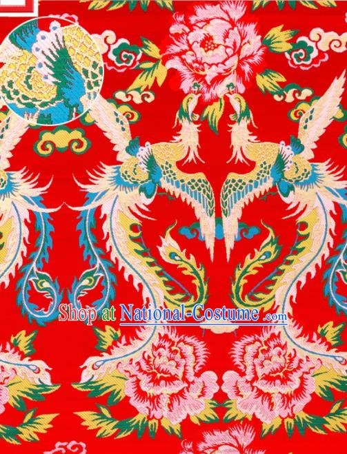 Top Grade Classical Phoenix Peony Pattern Red Nanjing Brocade Chinese Traditional Garment Fabric Tang Suit Satin Material Drapery