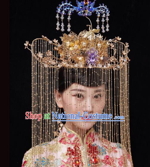 Chinese Traditional Xiuhe Suit Handmade Cloisonne Phoenix Coronet Ancient Bride Hairpins Hair Accessories for Women