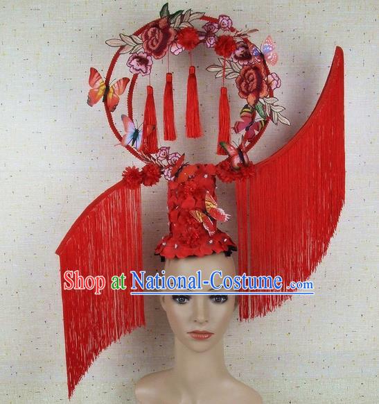 Top Grade Chinese Handmade Lace Headdress Traditional Red Tassel Hair Accessories for Women