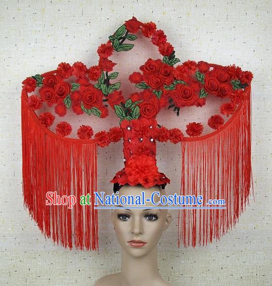 Top Grade Chinese Handmade Lace Headdress Traditional Red Roses Tassel Hair Accessories for Women