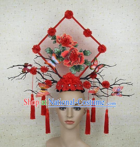 Top Grade Chinese Handmade Lace Headdress Traditional Red Peony Hair Accessories for Women