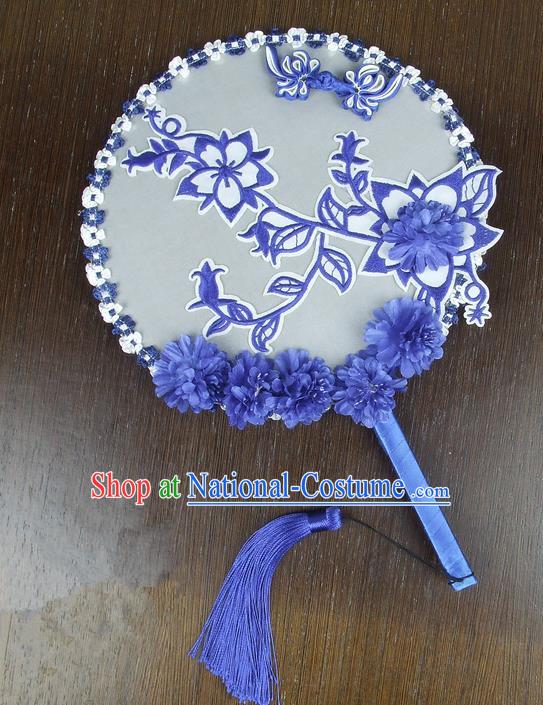 Chinese Traditional Wedding Embroidered Blue Round Fans Ancient Bride Handmade Palace Fans for Women