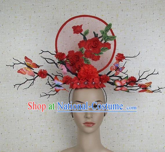 Top Grade Chinese Handmade Red Flowers Butterfly Headdress Traditional Hair Accessories for Women