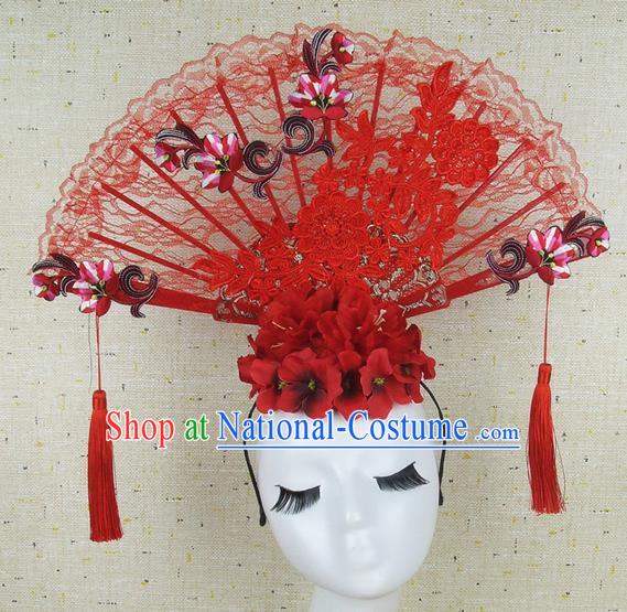 Top Grade Chinese Handmade Red Embroidered Lace Hair Clasp Headdress Traditional Hair Accessories for Women