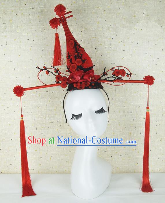 Top Grade Chinese Handmade Red Lute Hair Clasp Headdress Traditional Hair Accessories for Women