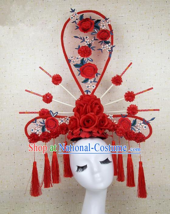 Top Grade Handmade Chinese Red Roses Palace Hair Clasp Headdress Traditional Hair Accessories for Women