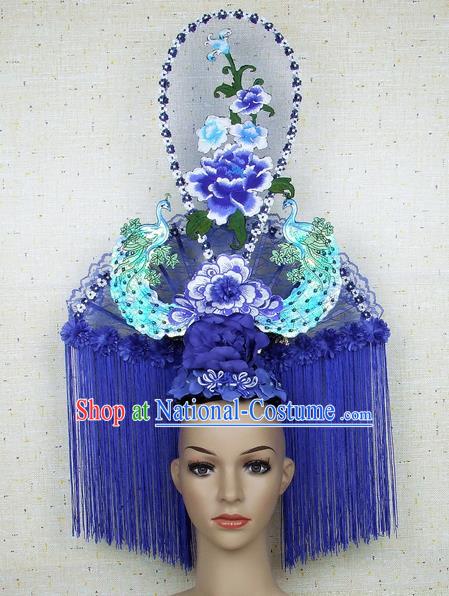 Top Grade Chinese Handmade Blue Tassel Peacock Headdress Traditional Hair Accessories for Women