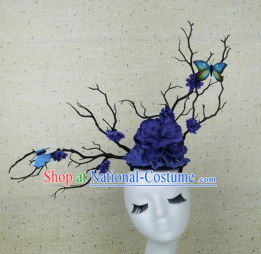 Top Grade Handmade Royalblue Peony Butterfly Hair Accessories Halloween Cosplay Headwear for Women