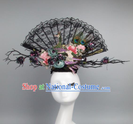 Top Grade Handmade Chinese Black Lace Peacock Palace Hair Clasp Traditional Hair Accessories Headdress for Women