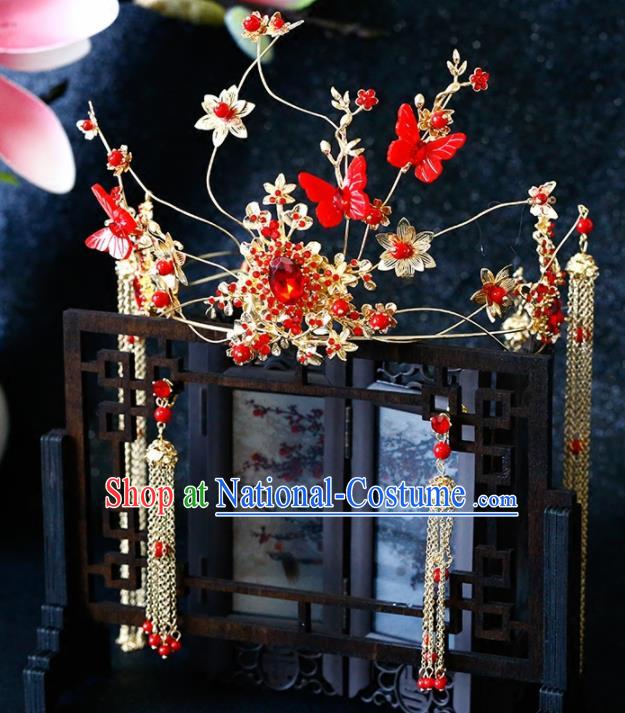 Chinese Traditional Wedding Red Butterfly Phoenix Coronet Ancient Bride Handmade Hair Accessories for Women