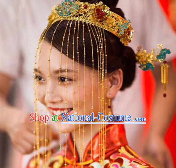 Chinese Traditional Wedding Blueing Phoenix Coronet Ancient Bride Handmade Hair Accessories for Women