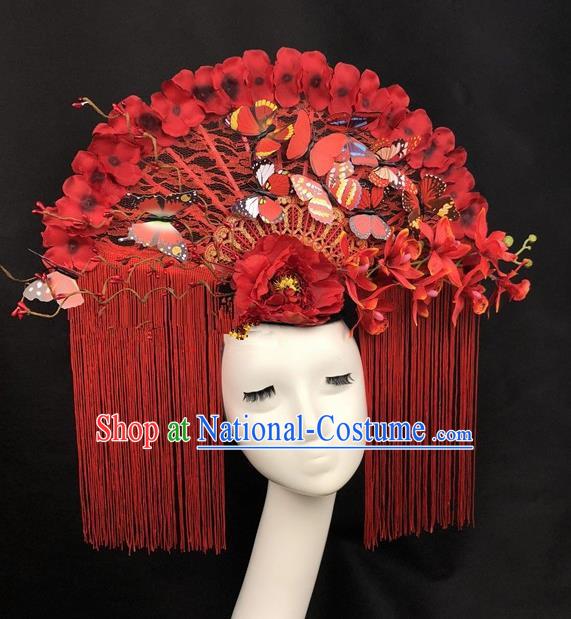 Chinese Traditional Palace Exaggerated Headdress Catwalks Red Tassel Butterfly Hair Accessories for Women