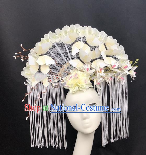 Chinese Traditional Palace Exaggerated Headdress Catwalks White Lace Butterfly Hair Accessories for Women