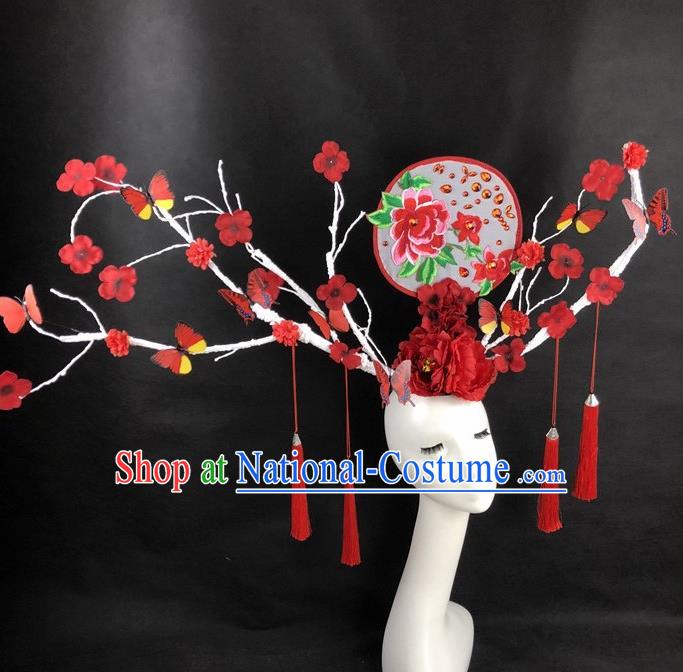 Chinese Traditional Palace Exaggerated Headdress Catwalks Red Flowers Branch Hair Accessories for Women