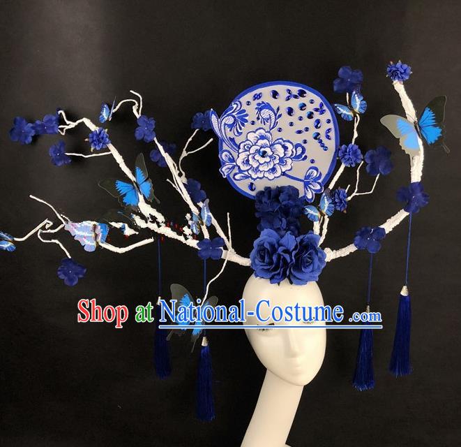 Chinese Traditional Palace Exaggerated Headdress Catwalks Blue Flowers Branch Hair Accessories for Women