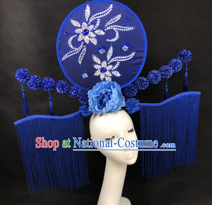 Chinese Traditional Palace Exaggerated Headdress Catwalks Blue Tassel Hair Accessories for Women