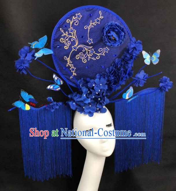 Chinese Traditional Palace Exaggerated Headdress Catwalks Blue Butterfly Tassel Hair Accessories for Women