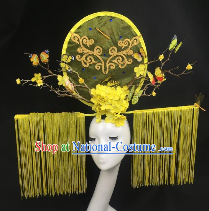 Chinese Traditional Palace Exaggerated Headdress Yellow Tassel Catwalks Hair Accessories for Women