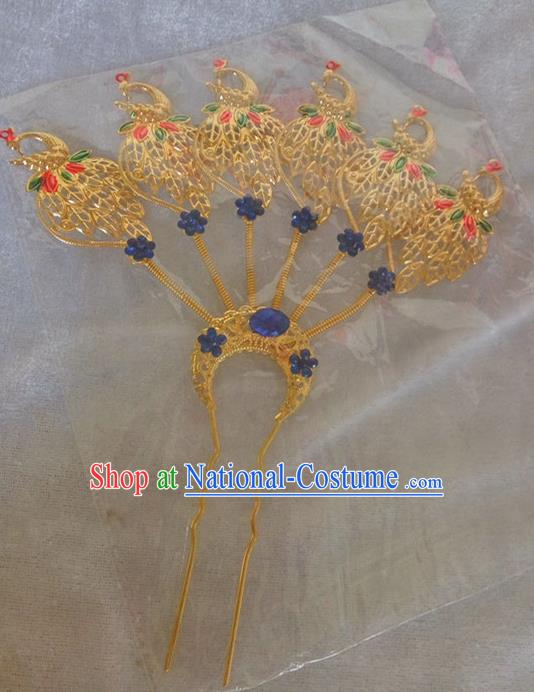 Chinese Ethnic Dai Nationality Hair Accessories Traditional Golden Peacock Hairpins for Women