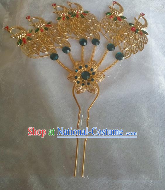 Chinese Ethnic Dai Nationality Hair Accessories Traditional Green Crystal Peacock Hairpins for Women